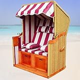 Strandkorb rot gestreift mit naturfarbigem Rattan - 2