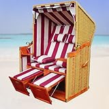 Strandkorb rot gestreift mit naturfarbigem Rattan - 3