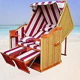 Strandkorb rot gestreift mit naturfarbigem Rattan - 4